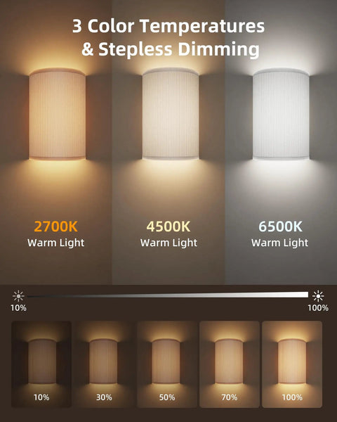 EZVALO Battery Operated Wall Sconce, Pleated Shades Wireless Wall Sconces Set of Two with Remote, 3 Color & 80 RGB Rechargeable Wall Lights, Dimmable, Timer, Wall Lamp for Bedroom (White 2Pack) showcasing 3 color temperatures and dimming options.
