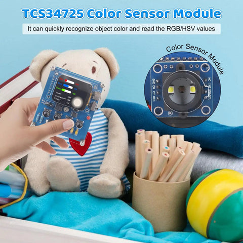 DIY Color Recognition Soldering Project Kit With TCS34725 Sensor Lets You Build A Real Time Color Detector That Displays RGB Values Brightness Hue And Saturation On A 1.69 Inch Screen, blue PCB