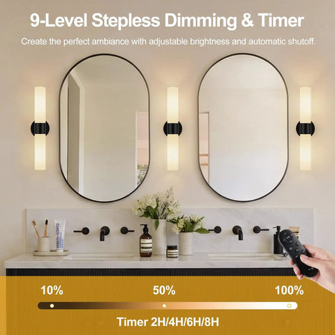 Rechargeable Wall Sconces Set of Two, Modern Matte Battery Operated Wall Light Fixtures with Remote Control in bathroom.