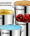 Giant 122 Quart Stainless Steel Stock Pot with Tap Lid holding dry goods, oil, chili peppers, and water for big batches