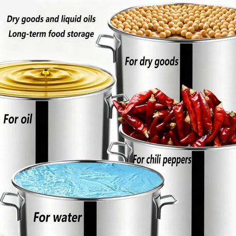Giant 122 Quart Stainless Steel Stock Pot with Tap Lid holding dry goods, oil, chili peppers, and water for big batches
