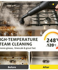 Udodik 300 Degree Steam Cleaner For Home With 21 Accessories And 4.5 Bar Pressure Variable Steam Control Large 1.5L Water Tank cleaning a soiled gas stove.