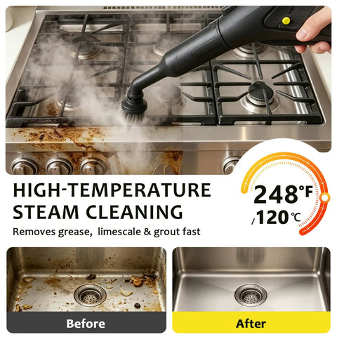 Udodik 300 Degree Steam Cleaner For Home With 21 Accessories And 4.5 Bar Pressure Variable Steam Control Large 1.5L Water Tank cleaning a soiled gas stove.