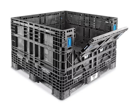 Hella Tough Collapsible Bulk Storage Bin And Heavy Duty Shipping Crate With 1500 Pound Load Capacity For Machinery Parts And Bulky Loads 48X45X34 Inches, black plastic crate with lid.