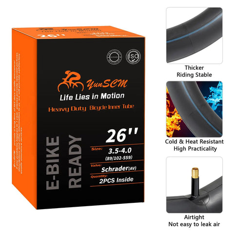 2-Pack 26x4 Fat Bike Inner Tubes Built Tough Heavy Duty AV32mm 89/102-559 Schrader Valve packaging with product features