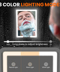 Person shaving in shower with Heated Fog-Free LED Shower Mirror With 3 Dimmable Lights, showing lighting modes on screen.