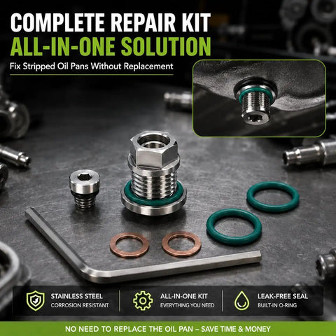 Top Tier Oversize Piggyback Oil Drain Plug Kit That Totally Fixes Worn Engine Threads With Leakproof Seal And Durable Stainless Steel Self Tapping Design Perfect For Quick Car Bike And Boat Repairs, stainless steel repair kit