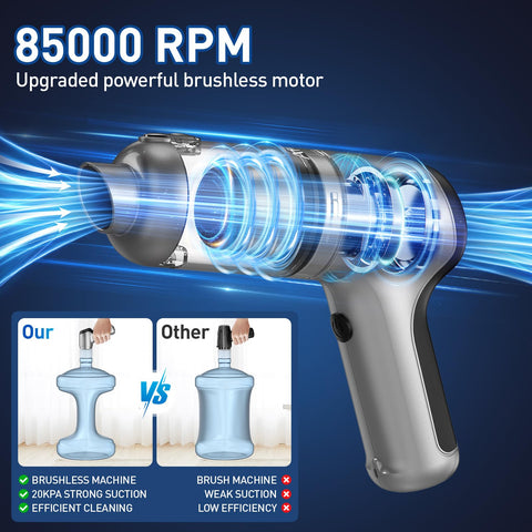 Diagram showing internals of Cordless Car Vacuum With 20000Pa High Power Suction, Brushless Motor, and airflow efficiency comparison.