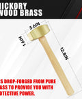 Solid Brass Non-Sparking Hammer With Hickory Handle Two-Pound Non-Marring Tool, shown with dimensions.