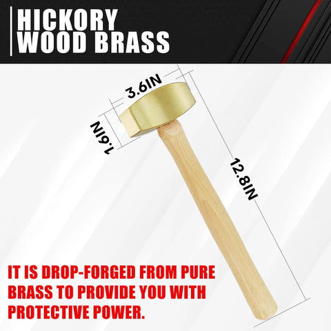 Solid Brass Non-Sparking Hammer With Hickory Handle Two-Pound Non-Marring Tool, shown with dimensions.