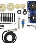 Yokoma 110V line boring machine, front view, 5.2 ft drilling bar and control handle, blue bases and accessories