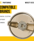Back view of WB03T10337 Knob Assembly For General Electric Range Replacement, showing compatible brands and durable design