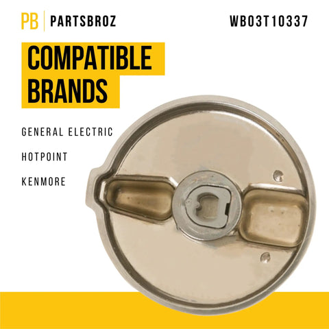 Back view of WB03T10337 Knob Assembly For General Electric Range Replacement, showing compatible brands and durable design