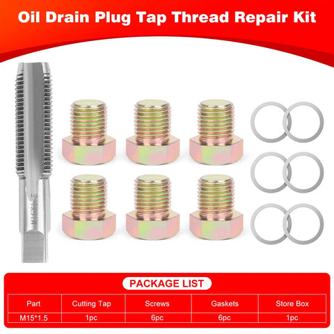 Oil Drain Plug Thread Repair Kit M15 X 1.5mm with tap, screws, gaskets for oil pan repairs