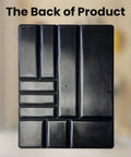 Back view of black 10 Compartment Tool Organizer Tray for Drawer and Tool Box, Stackable Small Parts Holder, 16x11x1.5 inches.