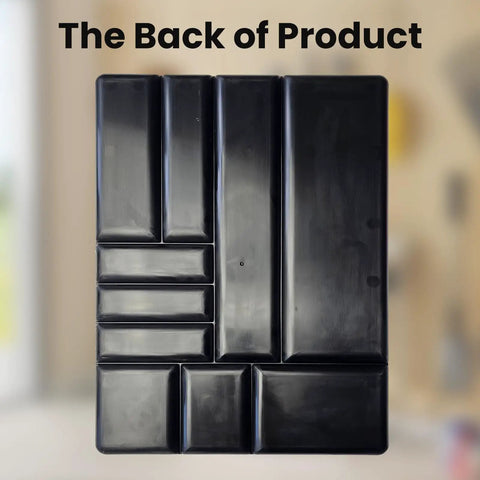 Back view of black 10 Compartment Tool Organizer Tray for Drawer and Tool Box, Stackable Small Parts Holder, 16x11x1.5 inches.