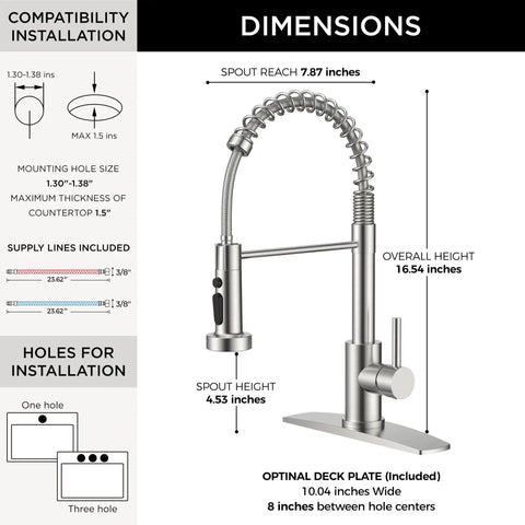 Dimensions of Modern Brushed Nickel Kitchen Sink Faucet Featuring A Three Mode Sprayer And Single Handle Design.