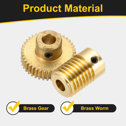 Brass worm gear and spur gear set with 5mm bores, angled view showing 1:40 reduction