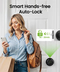 Woman using phone with 4 In 1 Smart Fingerprint Door Lock With Keypad, App Control, Auto Lock And Biometric Knob installed on door