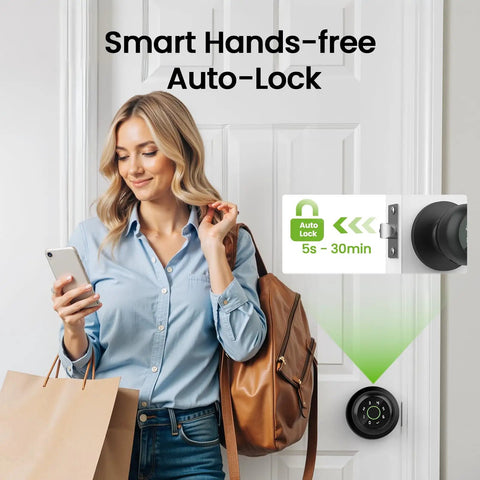 Woman using phone with 4 In 1 Smart Fingerprint Door Lock With Keypad, App Control, Auto Lock And Biometric Knob installed on door