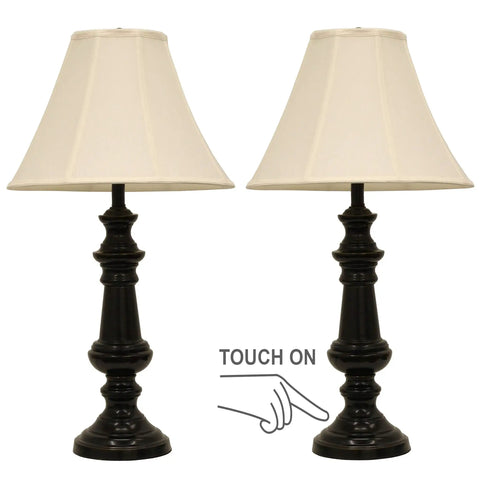Touch Control Steel Table Lamps Bronze Finish Set Of 2 With Faux Silk Softback Shades Modern Nightstand And Living Room Lighting For A Cozy Lit Vibe In Any Space.