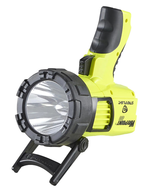 Yellow Beast Mode Rechargeable LED Spotlight For Outdoor, Marine, And Emergency Use 1400 Lumens on stand.