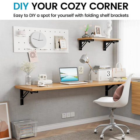 Solid 10 Inch Collapsible Shelf Brackets Built Tough With Brushed Stainless Steel Wall Mount Hinge For Bench Table Space Saving DIY Setup White 2 Pack Holds 150 Lbs Like A Champ used in a cozy corner desk setup.