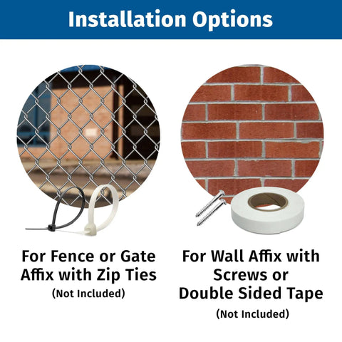 Installation options showing fence with zip ties and wall with screws, 10 By 14 Inch Fire Extinguisher Sign Made From Durable Polyethylene Plastic With Bold Text And Symbol Clear Operating Instructions For Easy Fire Safety And Quick Wall Mount Install.