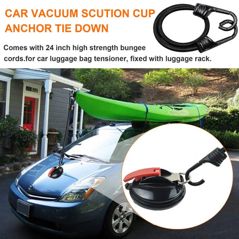 Heavy Duty Vacuum Suction Cup Anchor Kit, 2 Pack With Strong Suction Cups And Carabiners holding a kayak on car roof