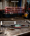 Rechargeable USB C Digital Brake Rotor Gauge Caliper, 3.25 Inch Measuring Wheel, 0.03mm Precision, Stainless Steel Body, Large LCD With Hold, Units In Mm, Inch, Or Fraction, Measures Discs Through Spokes Without Removing Wheels, IP54 on workbench