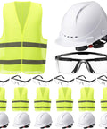 Solid Tradesman Kit Featuring 18 Piece Suspension Hard Hats In Clean White And Safety Yellow Paired With High Vis Mesh Reflective Vests Plus Premium Anti Fog Goggles For The Daily Grind with helmets and goggles.
