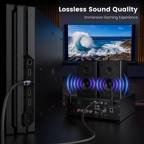 Top Tier Toslink Optical Audio Cable With SPDIF Fiber Optic Design For Punchy Bass And Crystal Clear Stereo Plug And Play Simplicity Built To Run Your Home Theater And Gaming Rigs Without Skip Or Lag 3.28 Feet connecting gaming console to speakers for clear sound.