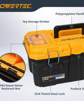 16 Inch Tool Box With Trays Lockable Metal Latch Portable Organizer For Tools And Small Or Mid Sized Parts Weather Resistant Durable Storage Case with top storage divider and zink plated steel lock.