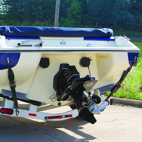 Boat with Beefed Up Heavy Duty Boat Trailer Transom Straps 2 Pack, 2In X 24In Adjustable Tie Downs visible on a trailer