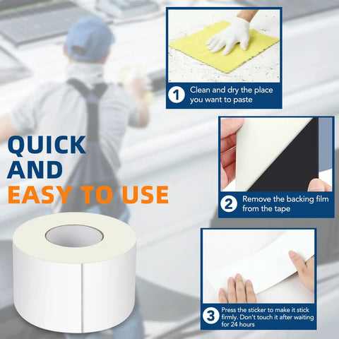 RV Roof Sealant Tape 4 Inch By 50 Foot Waterproof UV Resistant Sealant Tape For RV Repair Window Boat Sealing And Camper Truck Roof Leaks 2 Pack That Sticks Tight And Keeps Water Out, shown with installation steps: clean surface, remove backing, apply tape.