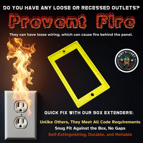 One Quarter Inch Single Gang Outlet Box Extenders Pack Of Three UL Listed Electrical Box Extenders for Outlets and Switches visible with fire illustration