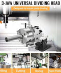 Built Like A Tank 3 Jaw Chuck Rotary Indexing Head Kit For CNC Mill With Vertical Horizontal Setup Including Tailstock And Precision Dividing Plates For Wood And Metal Machining mounted on a milling machine for precision drilling.