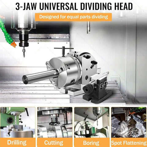 Built Like A Tank 3 Jaw Chuck Rotary Indexing Head Kit For CNC Mill With Vertical Horizontal Setup Including Tailstock And Precision Dividing Plates For Wood And Metal Machining mounted on a milling machine for precision drilling.
