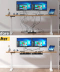 Before and after desk setup with Under Desk Cable Management Tray 31.5 Inch Two Pack Cord Organizer for tidy home office.