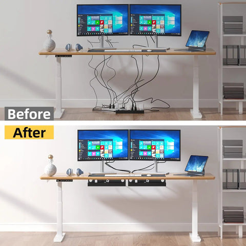 Before and after desk setup with Under Desk Cable Management Tray 31.5 Inch Two Pack Cord Organizer for tidy home office.