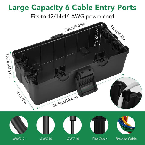 Outdoor Electrical Box With IP54 Waterproof Rating, Weatherproof Cord Cover and 6 Cable Entry Ports, open view showing size.