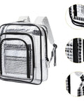 Heavy Duty Tool Backpack With Transparent Mesh Pockets For Tech Pros And Mechanics Durable Anti Static PVC Cleanroom Storage Organizer Built Tough Hella Spacious Black from the front with clear mesh pockets.