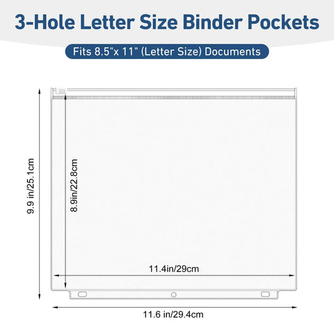 3-hole waterproof PVC binder pocket for letter-size documents, dimensions shown, for 3 ring binders, 36 Pack Letter Size Binder Pockets With Zipper Pouch Waterproof PVC Pro Grade Document Organizer For 3 Ring Binders Side Loading File Sleeves Storage Bags For Office And School Supplies.