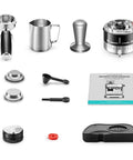 Daily Grind Premium Stainless Steel Espresso Machine With Reliable Built In Grinder And Manual Steam Wand For Killer Lattes And Effortless Morning Rituals At Home accessories including portafilter, milk pitcher, and instruction manual.