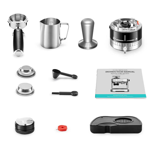 Daily Grind Premium Stainless Steel Espresso Machine With Reliable Built In Grinder And Manual Steam Wand For Killer Lattes And Effortless Morning Rituals At Home accessories including portafilter, milk pitcher, and instruction manual.