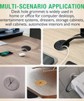 Top Tier White Desk Grommet 2 Pack No Fuss Cable Hole Cover For Office Setup 2 Inch Cord Organizer on a brown desk with wires.