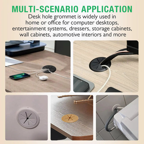 Top Tier White Desk Grommet 2 Pack No Fuss Cable Hole Cover For Office Setup 2 Inch Cord Organizer on a brown desk with wires.