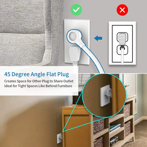 10 Foot Flat Plug Extension Cord With 3 Outlets Power Strip And 2 USB Ports Wall Mount for compact spaces behind furniture