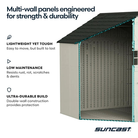 8x7 Ft Outdoor Storage Shed With Floor, Lockable Double Doors, Skylights, showing multi-wall panel construction with durability features