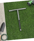 T Handle Garden Soil Sampler Probe Stainless Steel Tool resting on grass, showcasing durable and easy to clean design.